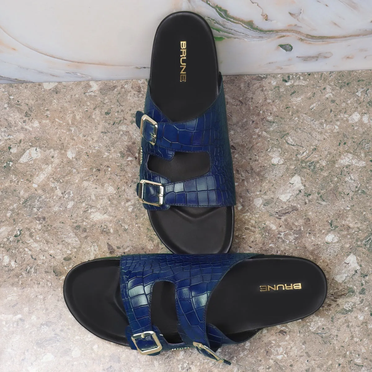 Slide-in Slippers in Blue Deep Cut Leather