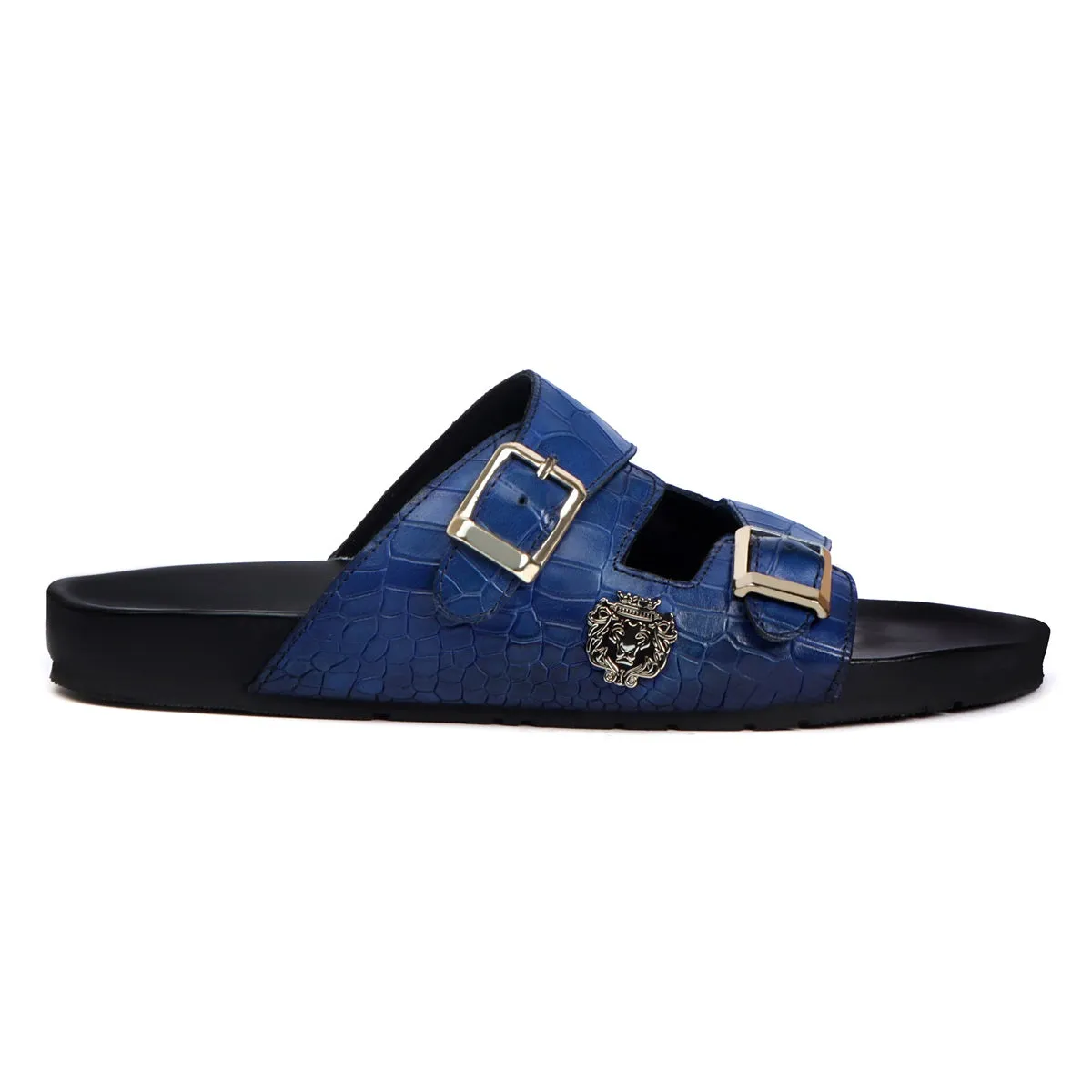 Slide-in Slippers in Blue Deep Cut Leather