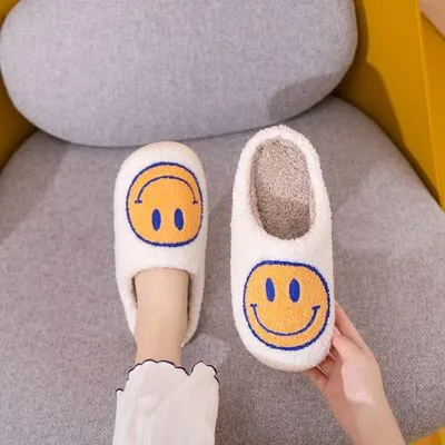 Smiley Face Slippers in White/Yellow/Blue