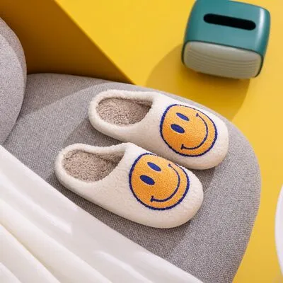 Smiley Face Slippers in White/Yellow/Blue