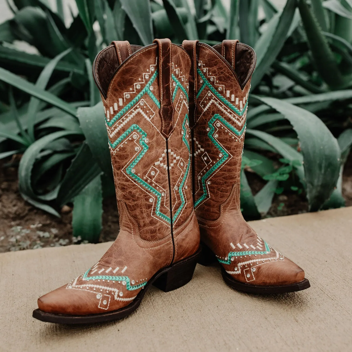 Soto Boots Womens Tan and Turquoise Embroidery Snip Toe Cowgirl Boots M50063