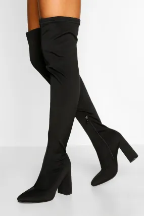 Stretch Thigh High Block Heel Boots