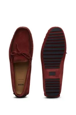 Suede moccasins with buckled upper strap