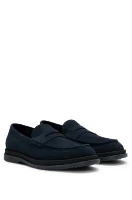 Suede moccasins with penny trim