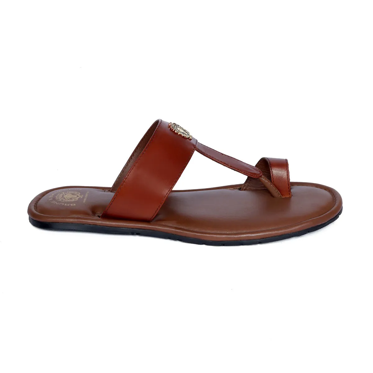 Tan T-Bar Slide-In-Slippers with Metal Lion Logo