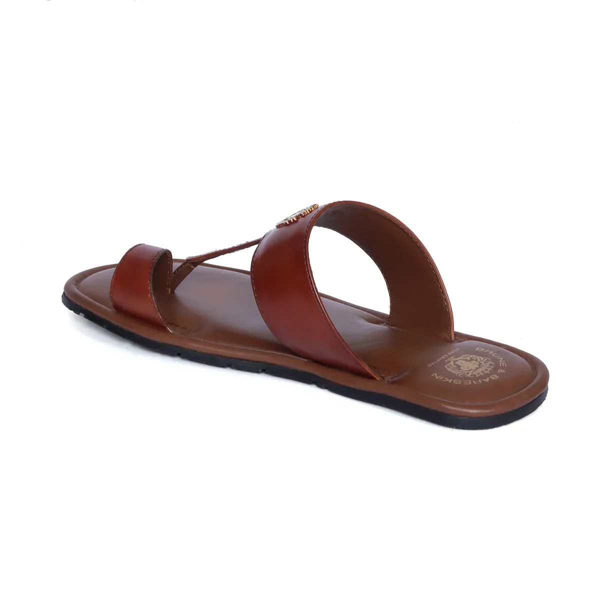 Tan T-Bar Slide-In-Slippers with Metal Lion Logo