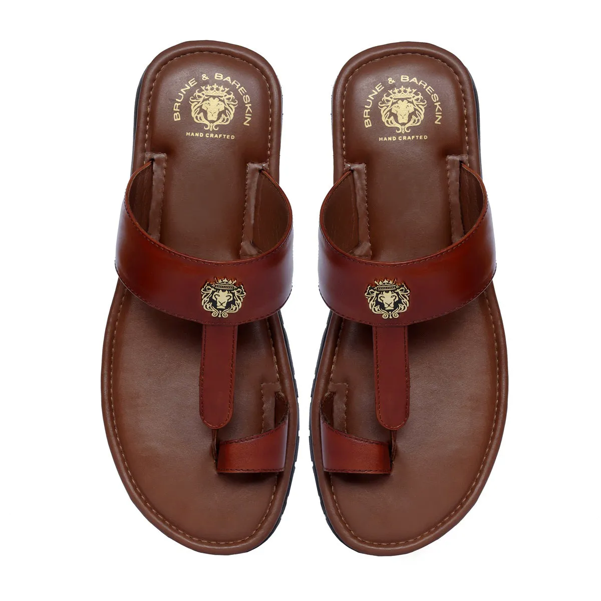 Tan T-Bar Slide-In-Slippers with Metal Lion Logo