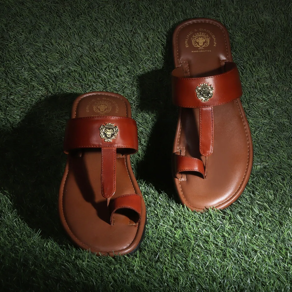 Tan T-Bar Slide-In-Slippers with Metal Lion Logo