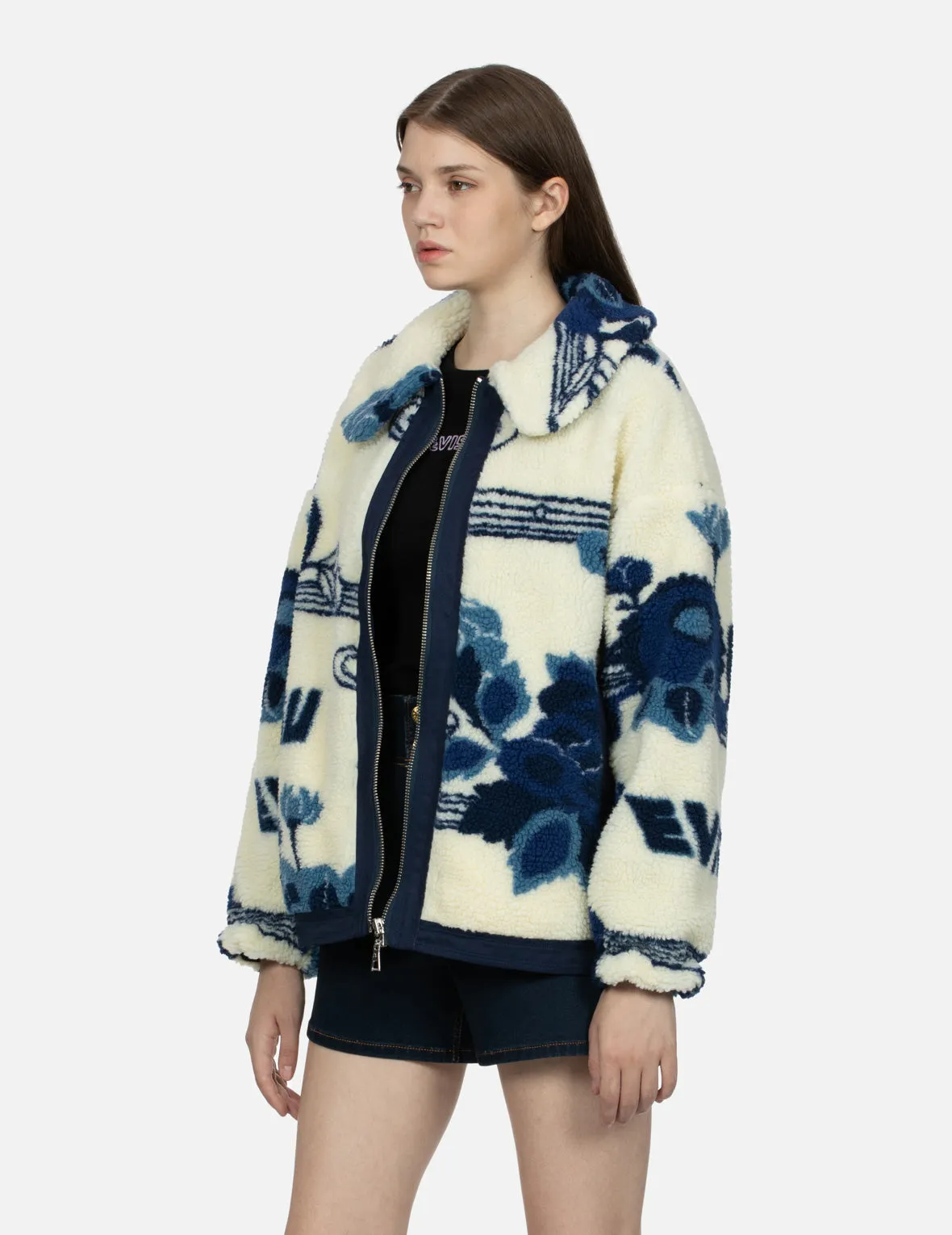 Tonal Floral Jacquard Drop-shoulder Zipped Sherpa Jacket