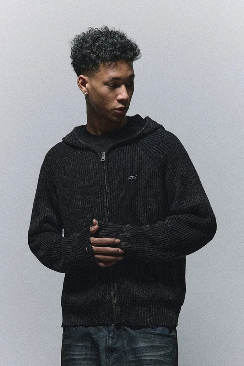 Washed Distressed Ribbed Knit Hoodie