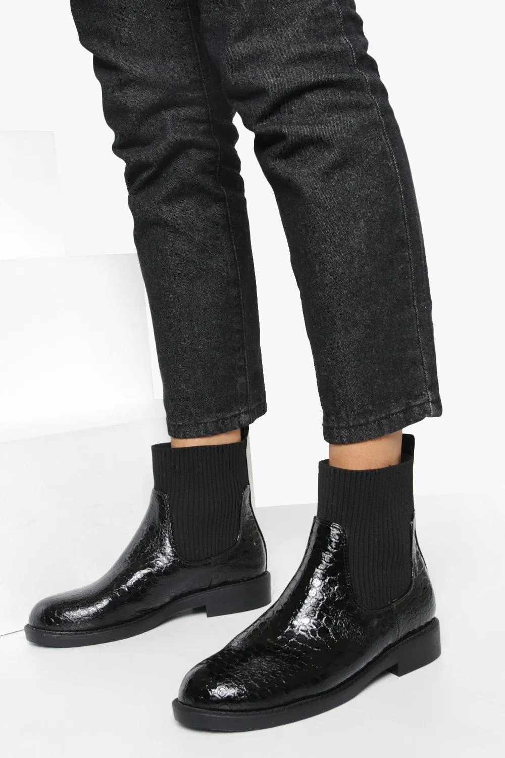 Wide Width Croc Detail Knitted Chelsea Boots