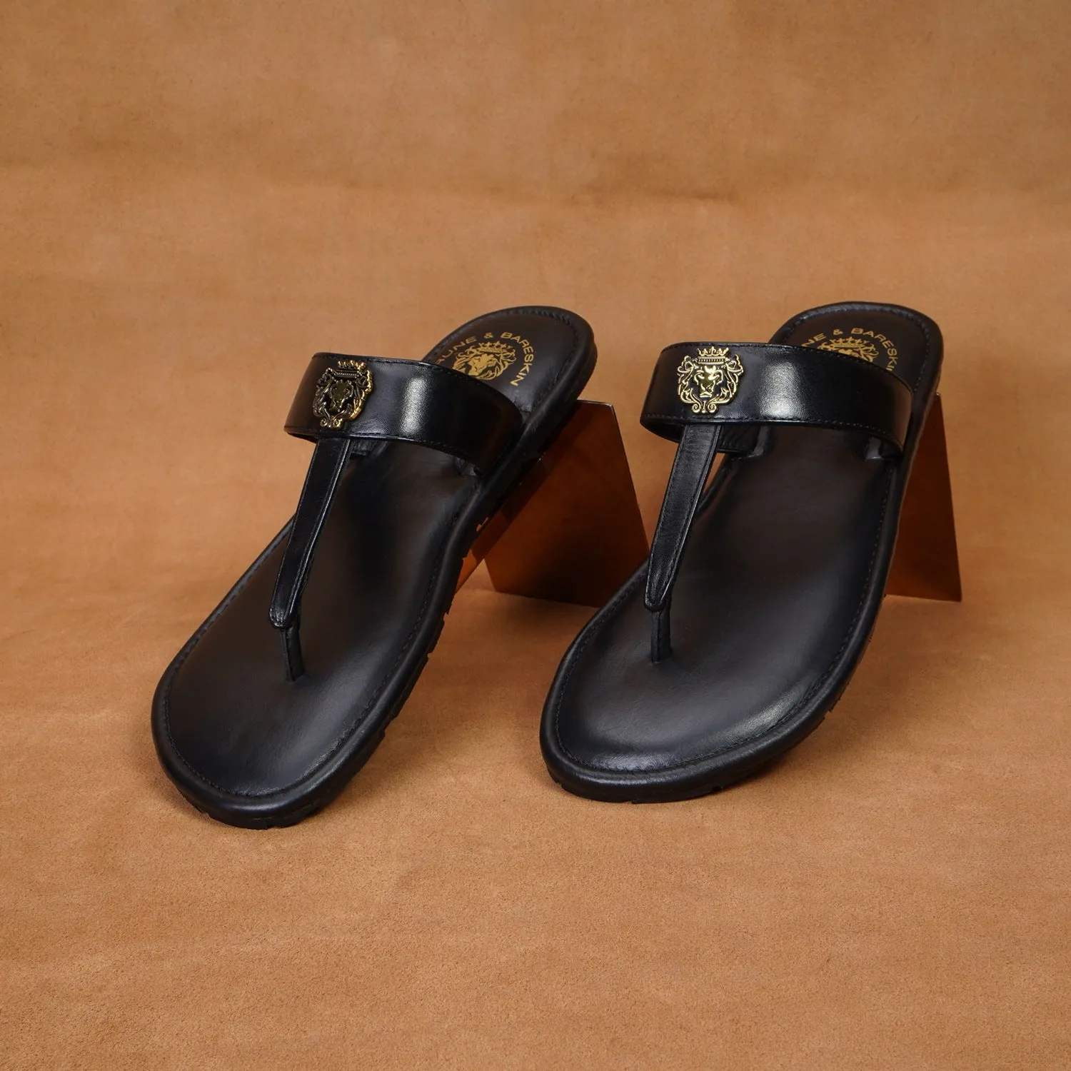 Women's T-Strap Black Slippers