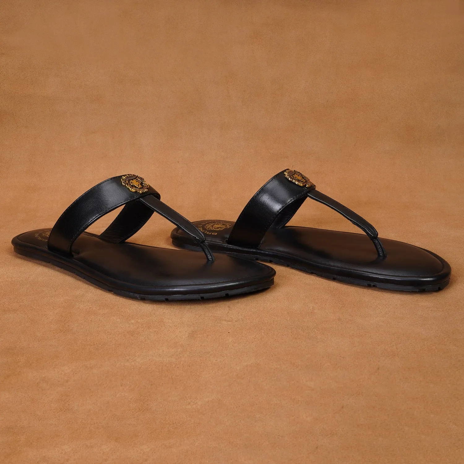 Women's T-Strap Black Slippers