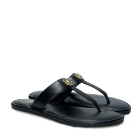 Women's T-Strap Black Slippers