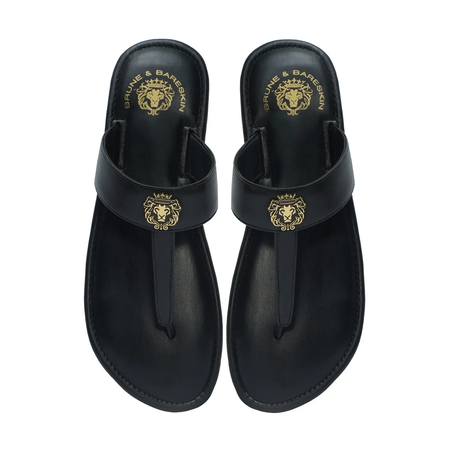 Women's T-Strap Black Slippers