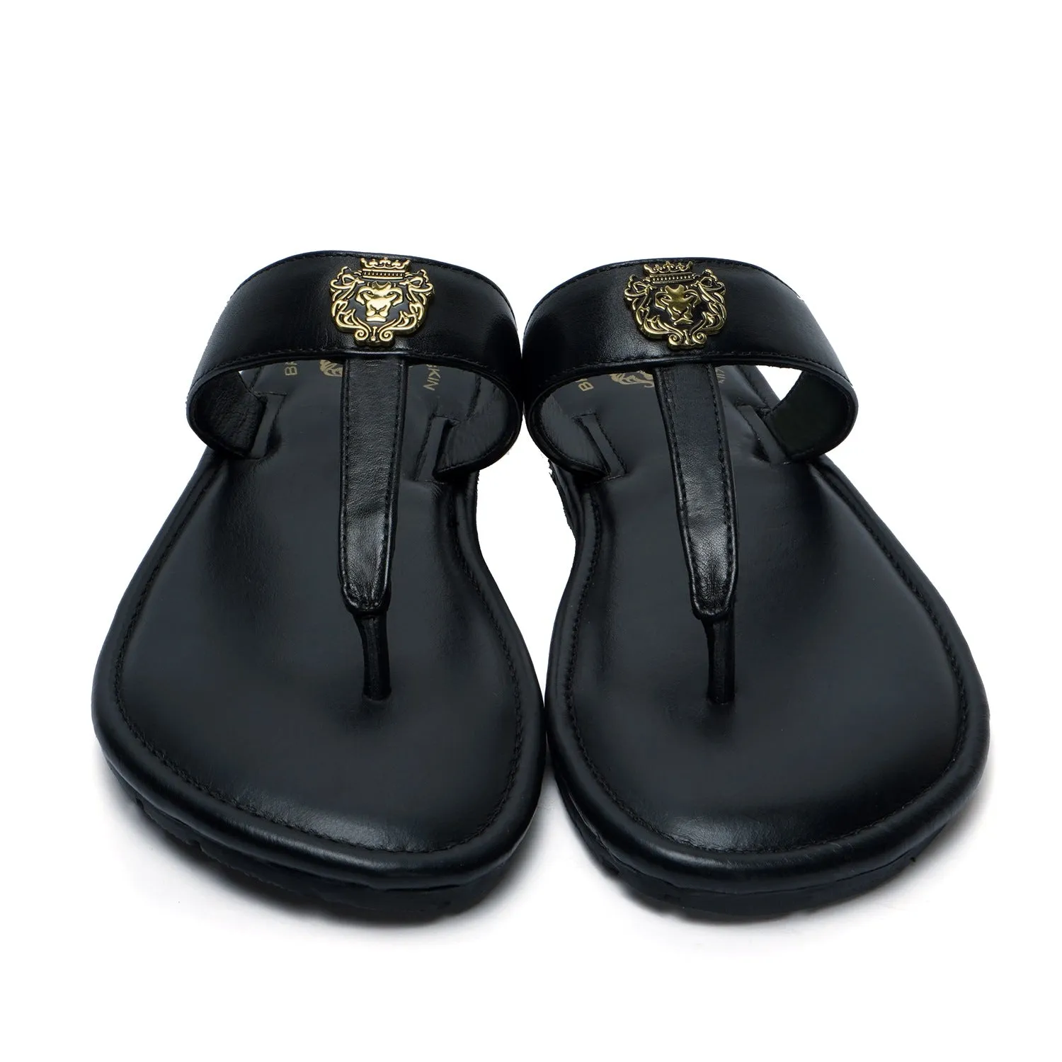 Women's T-Strap Black Slippers