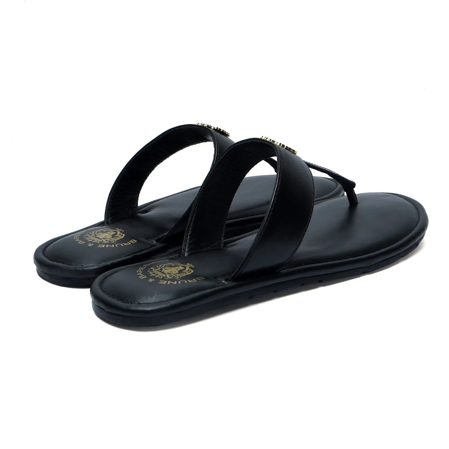 Women's T-Strap Black Slippers