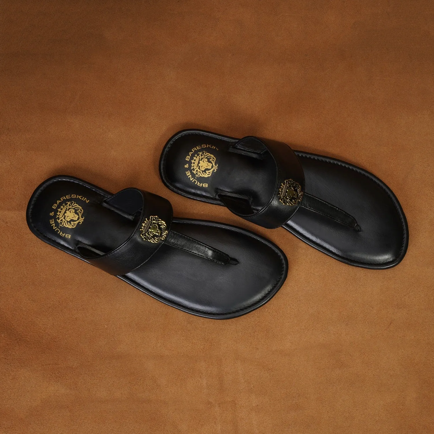 Women's T-Strap Black Slippers