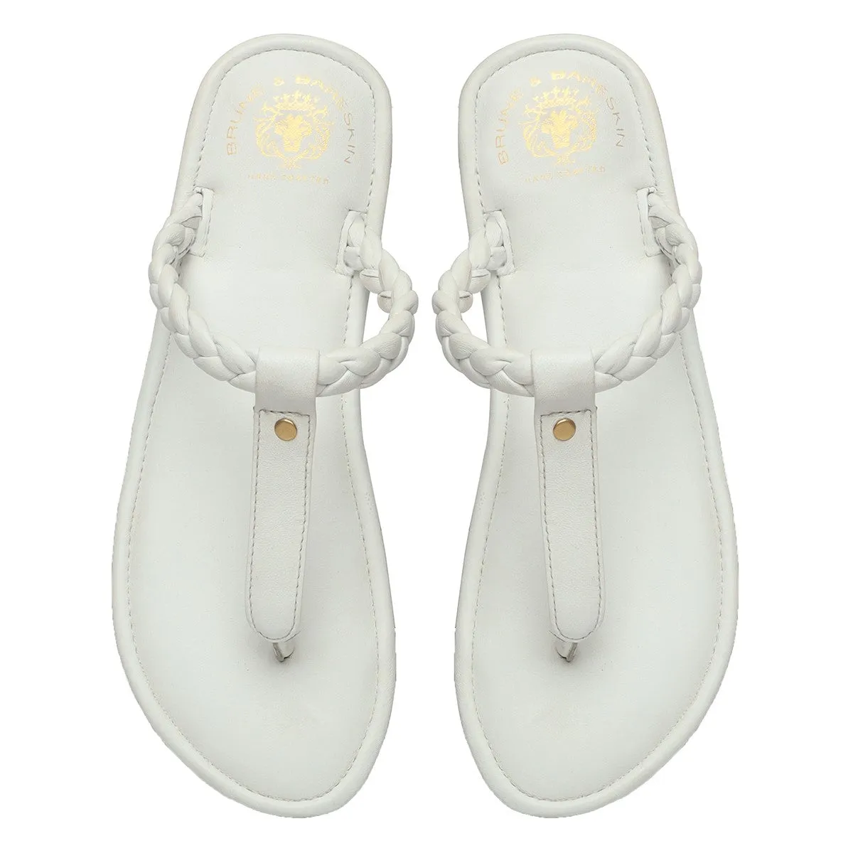 Women's White Knotted T-Strap Slippers By Brune & Bareskin