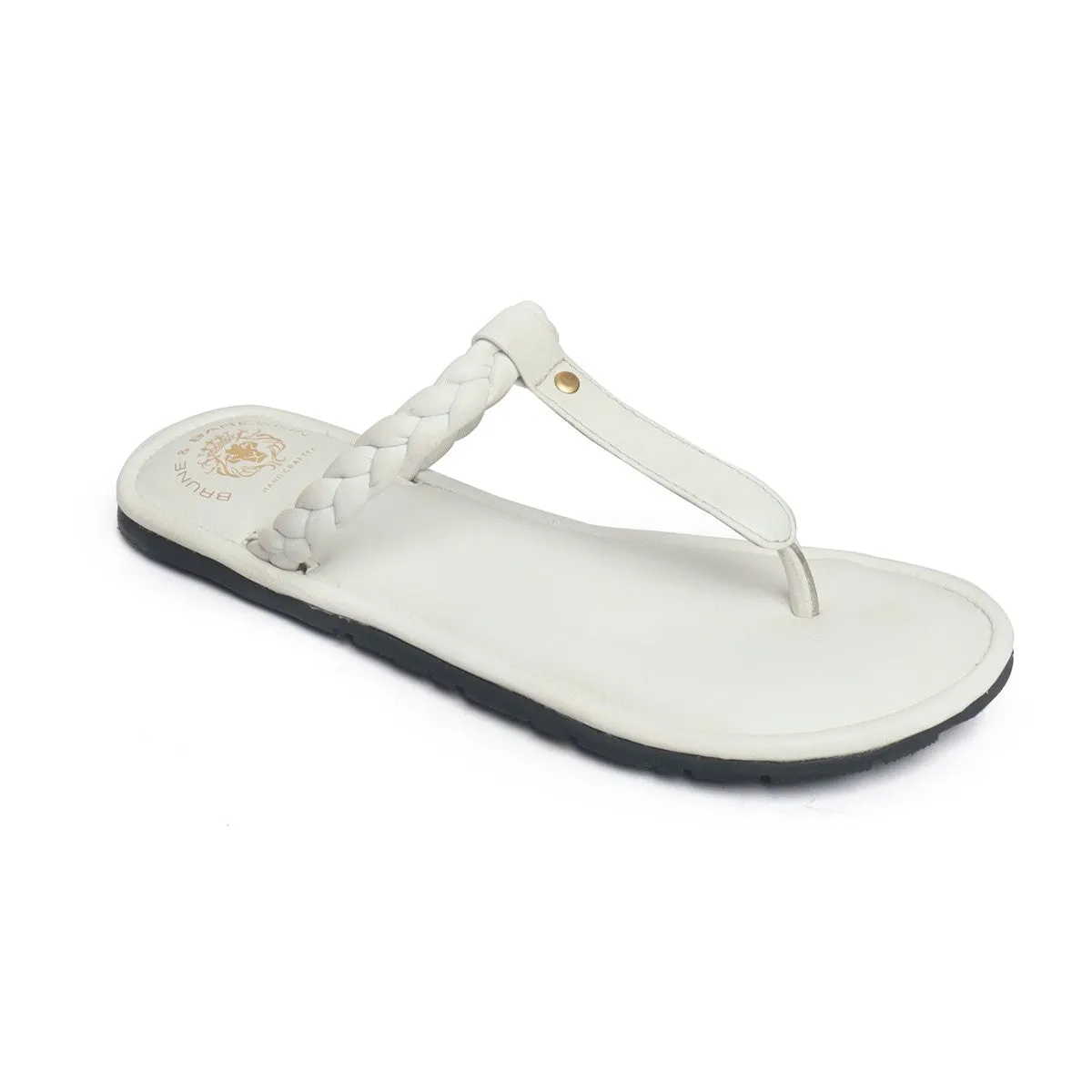 Women's White Knotted T-Strap Slippers By Brune & Bareskin