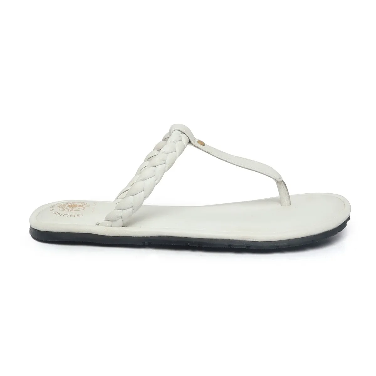 Women's White Knotted T-Strap Slippers By Brune & Bareskin